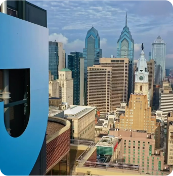 A view of the Philadelphia skyline from the top of Thomas Jefferson University Hospital.